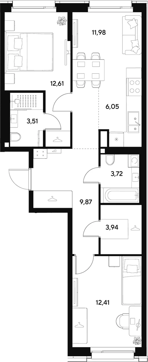 Планировка: Евротрёшка 64,1 м² в ЖК «ЭВО»