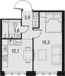 Планировка: 1-комнатная квартира 33,9 м² в ЖК «Левел Южнопортовая»