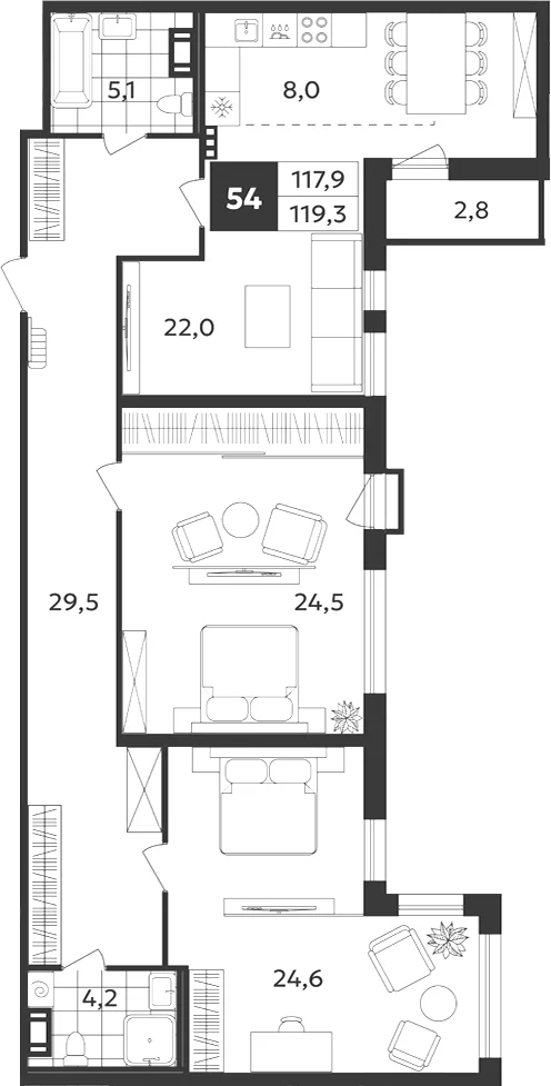 Планировка: Евротрёшка 117,9 м² в ЖК «Дом на Бронницкой»