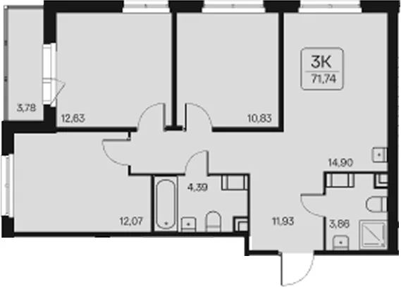 Планировка: 3-комнатная квартира 69,9 м² в ЖК «Расцветай в Янино»