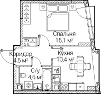 Планировка: 1-комнатная квартира 34,6 м² в ЖК «СЕЗАР БУДУЩЕЕ»