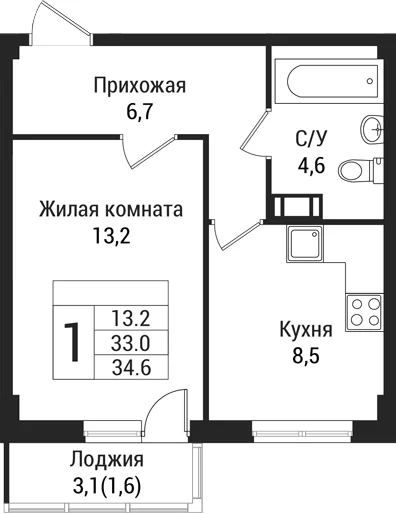 Планировка: 1-комнатная квартира 33 м² в ЖК «Южная Заря»