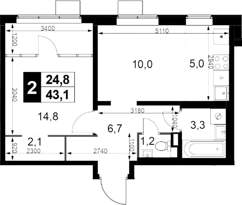 Планировка: Евродвушка 43,1 м² в ЖК «1-й Химкинский»
