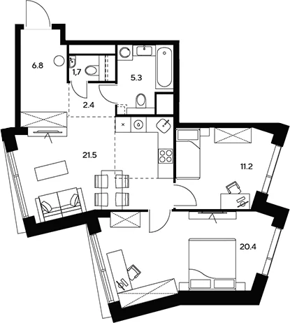 Планировка: Евротрёшка 69,3 м² в ЖК «НЕКСУС от Аквилон»