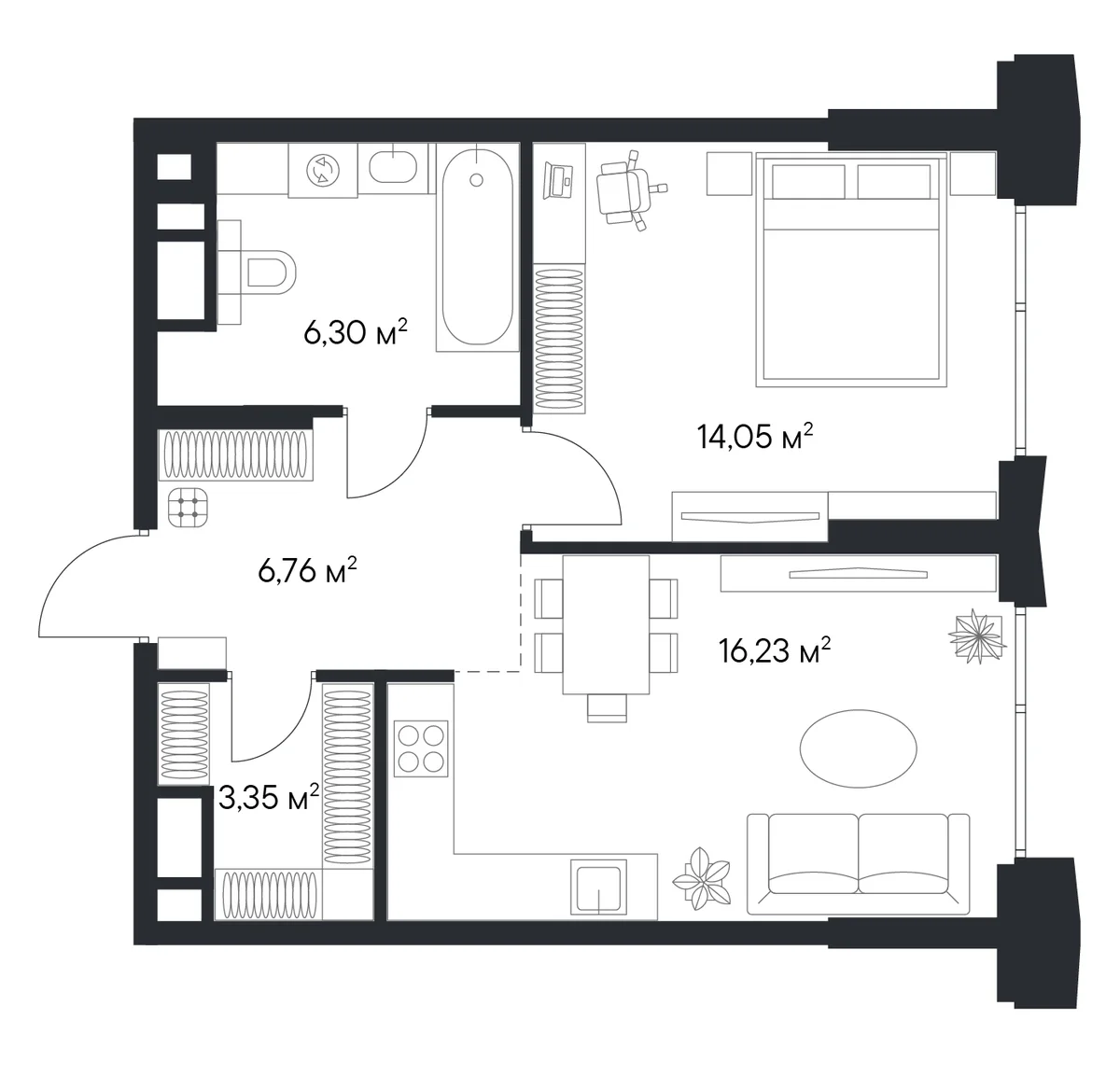 Планировка: 1-комнатная квартира 47,6 м² в ЖК «Первый Нагатинский»