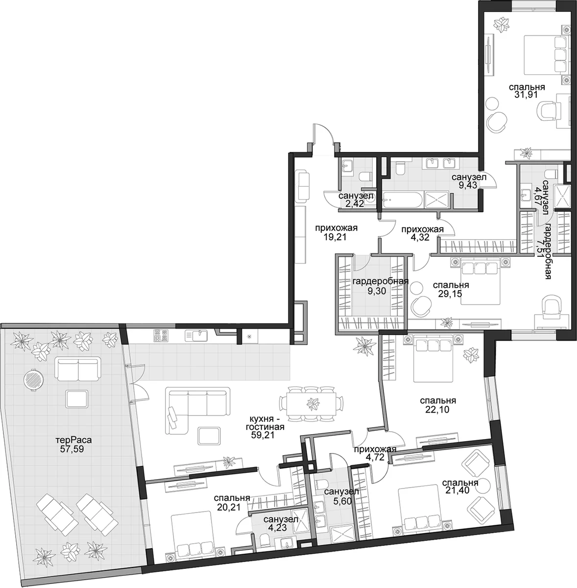 Планировка: 5-комнатная квартира 247,9 м² в ЖК «Садовническая, 69»