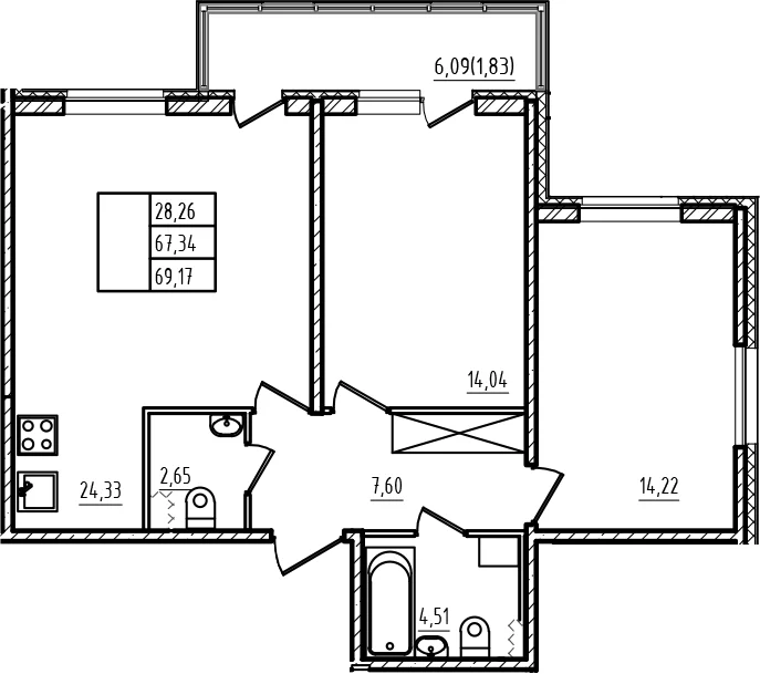 Планировка: Евротрёшка 67,3 м² в ЖК «Новая история»