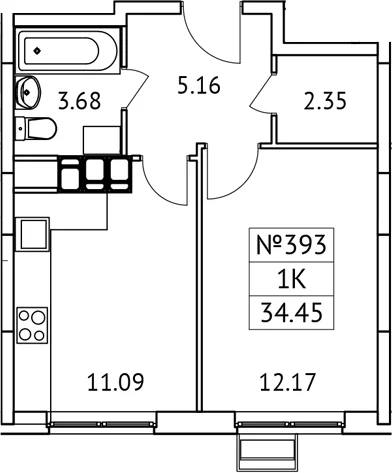 Планировка: 1-комнатная квартира 34,5 м² в ЖК «Новотомилино»