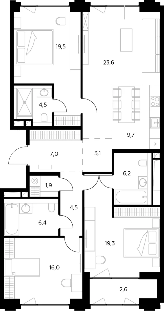 Планировка: Квартира евро-4 121,7 м² в ЖК «Монблан»