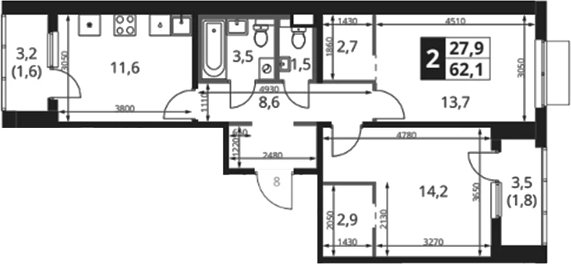 Планировка: 2-комнатная квартира 59,6 м² в ЖК «1-й Ясеневский»