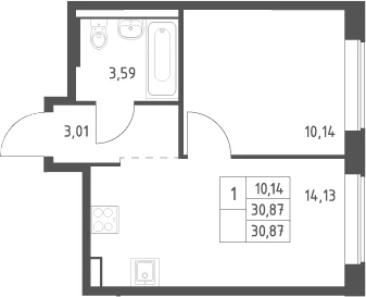 Планировка: 1-комнатная квартира 30,9 м² в ЖК «Большое Юрлово»