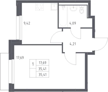 Планировка: 1-комнатная квартира 35,4 м² в ЖК «Прибрежный Парк»