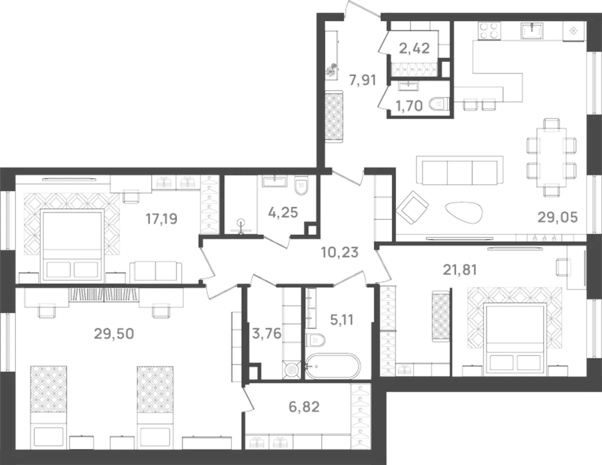 Планировка: Квартира евро-4 140,9 м² в ЖК «6 Квартал»