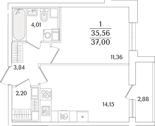 Планировка: Евродвушка 35,6 м² в ЖК «Кинопарк»
