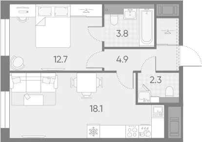 Планировка: Евродвушка 41,8 м² в ЖК «Большая Охта»