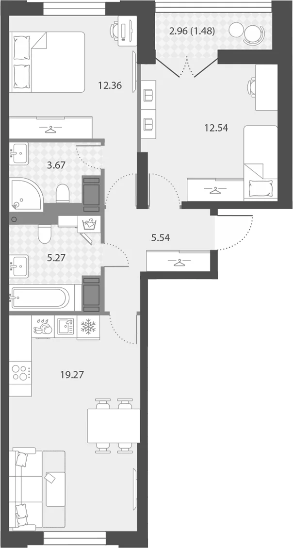 Планировка: Евротрёшка 58,7 м² в ЖК «Цивилизация на Неве»