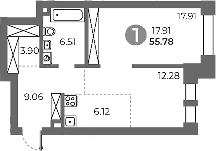 Планировка: 1-комнатная квартира 55,8 м² в ЖК «Павелецкая от Гранель»