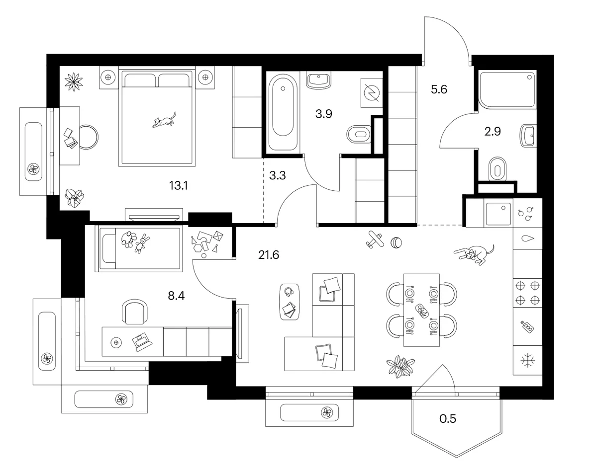 Планировка: 2-комнатная квартира 58,8 м² в ЖК «Ярославский»
