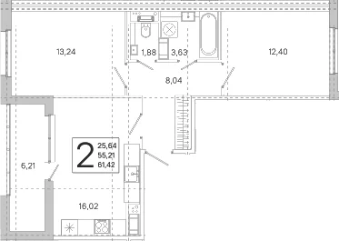 Планировка: Евротрёшка 55,2 м² в ЖК «ЮгТаун. Олимпийские кварталы»