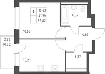 Планировка: 1-комнатная квартира 32 м² в ЖК «Горки Парк»