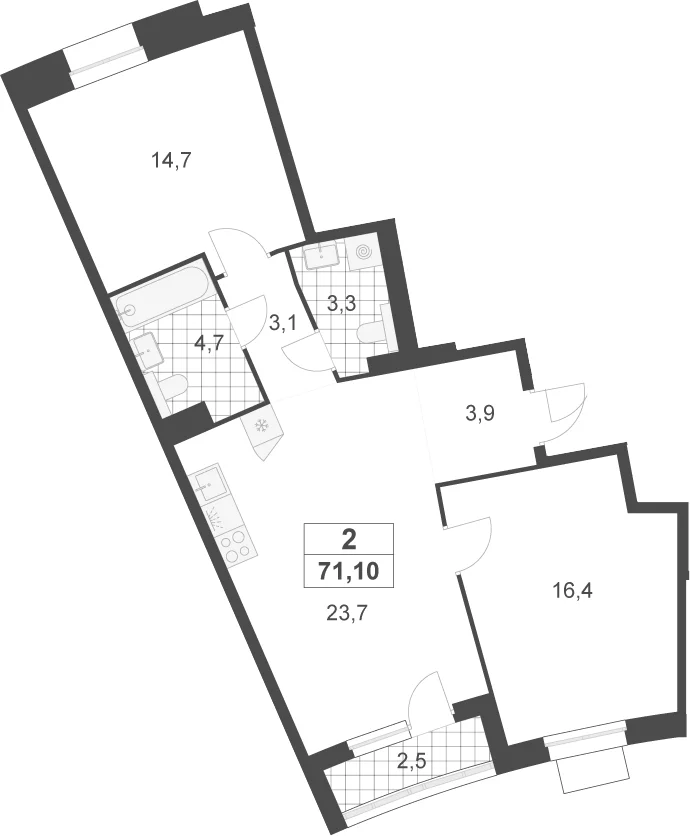 Планировка: Евротрёшка 69,9 м² в ЖК «Деснаречье»