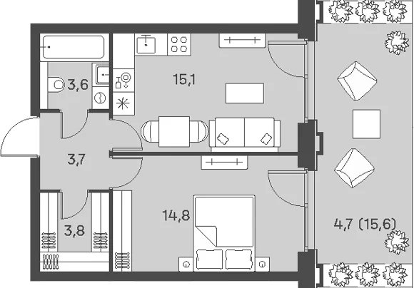 Планировка: Евродвушка 41 м² в ЖК «Портленд»