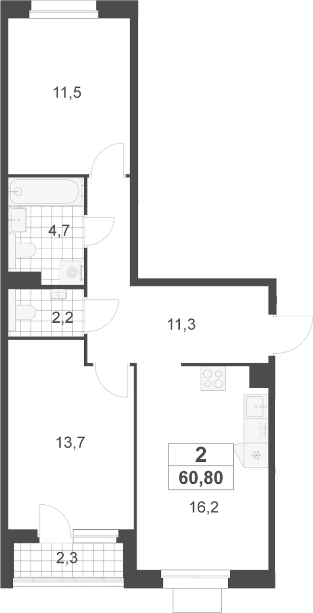 Планировка: Евротрёшка 59,6 м² в ЖК «Деснаречье»