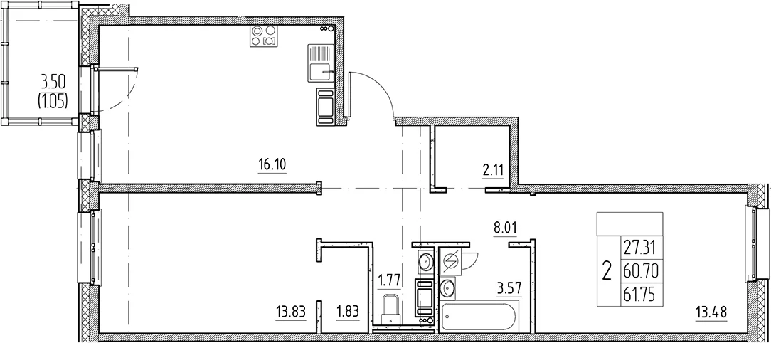 Планировка: Евротрёшка 60,7 м² в ЖК «Сезоны»