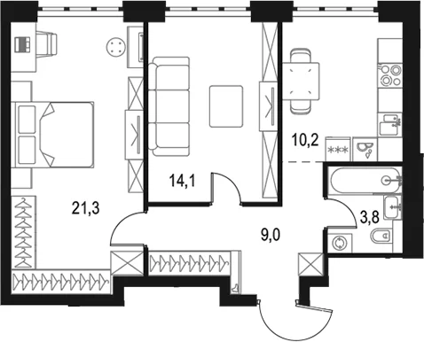 Планировка: 2-комнатная квартира 58,4 м² в ЖК «Левел Южнопортовая»
