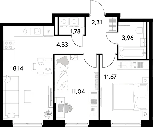 Планировка: Евротрёшка 53,2 м² в ЖК «Космопарк»