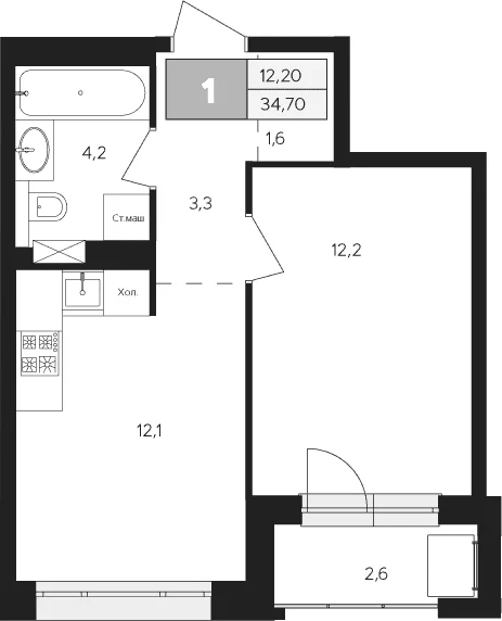 Планировка: 1-комнатная квартира 33,4 м² в ЖК «Ласточкино»