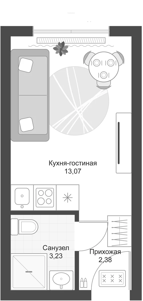 Планировка: Студия 18,7 м² в ЖК «Апарт-комплекс Первый Зеленый»