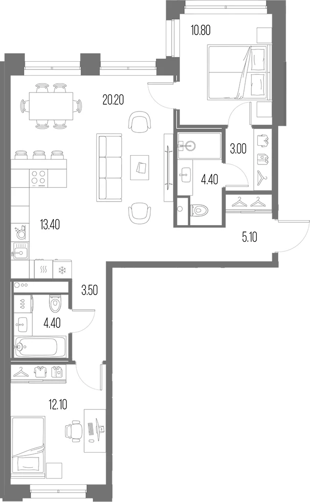 Планировка: Евротрёшка 76,9 м² в ЖК «Легенда на Охте»