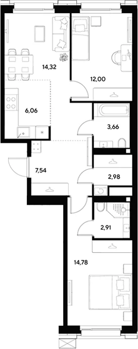 Планировка: Евротрёшка 64,3 м² в ЖК «ЭВО»