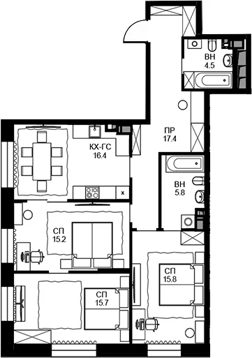 Планировка: 3-комнатная квартира 90,8 м² в ЖК «Театральный квартал»