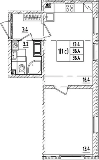 Планировка: Евродвушка 36,4 м² в ЖК «Октябрьская набережная»