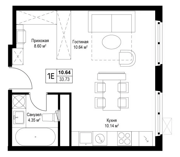 Планировка: Студия 33,7 м² в ЖК «У реки.Эко Видное 2.0»