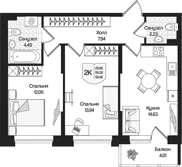 Планировка: 2-комнатная квартира 55,3 м² в ЖК «Охтинские высоты»