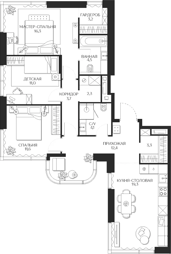 Планировка: Квартира евро-4 91,7 м² в ЖК «Кутузов Сити»