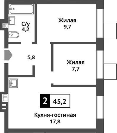 Планировка: Евротрёшка 45,2 м² в ЖК «Никольский квартал Отрада»