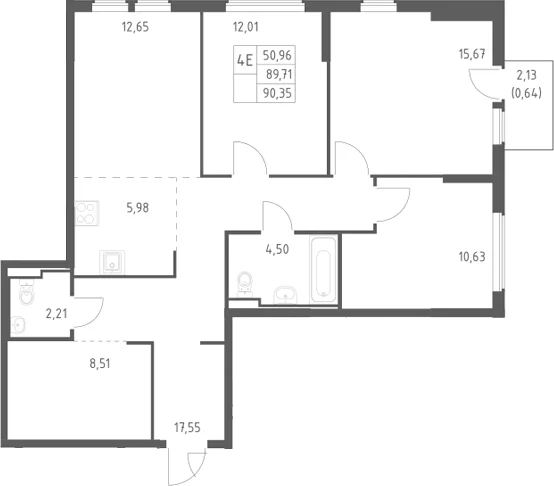 Планировка: Квартира евро-4 89,7 м² в ЖК «Остафьево»