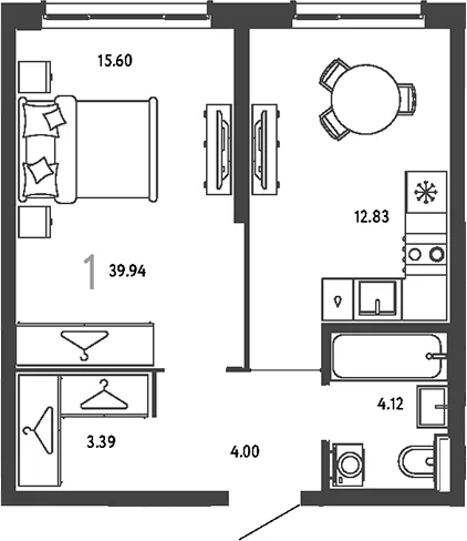 Планировка: 1-комнатная квартира 39,9 м² в ЖК «Страна.Парковая»