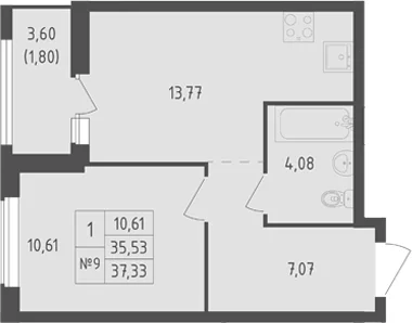 Планировка: 1-комнатная квартира 35,5 м² в ЖК «Южная Нева»