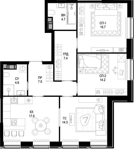 Планировка: 3-комнатная квартира 86,4 м² в ЖК Трилогия «Кристалл»