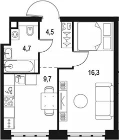 Планировка: 1-комнатная квартира 35,2 м² в ЖК «Левел Южнопортовая»