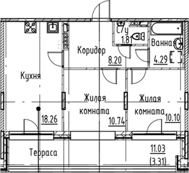 Планировка: Евротрёшка 53,4 м² в ЖК «Кронфорт»