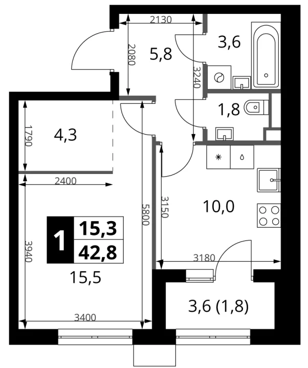 Планировка: 1-комнатная квартира 41 м² в ЖК «1-й Ясеневский»