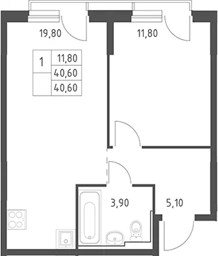 Планировка: Евродвушка 40,6 м² в ЖК «Химки Парк»