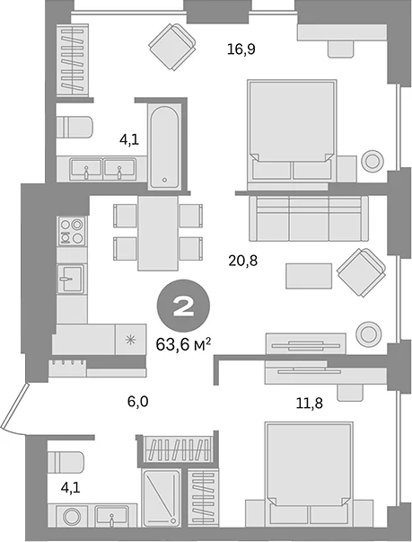 Планировка: 2-комнатная квартира 63,6 м² в ЖК «Первый квартал. Вторая очередь»