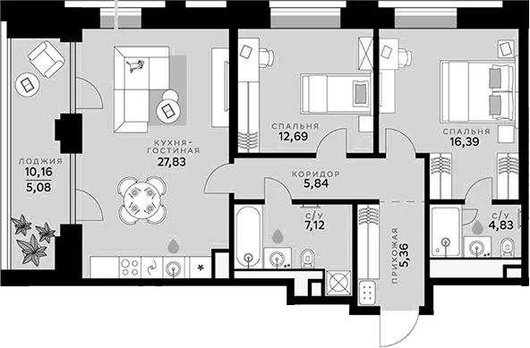 Планировка: Евротрёшка 80,1 м² в ЖК «СберСити»